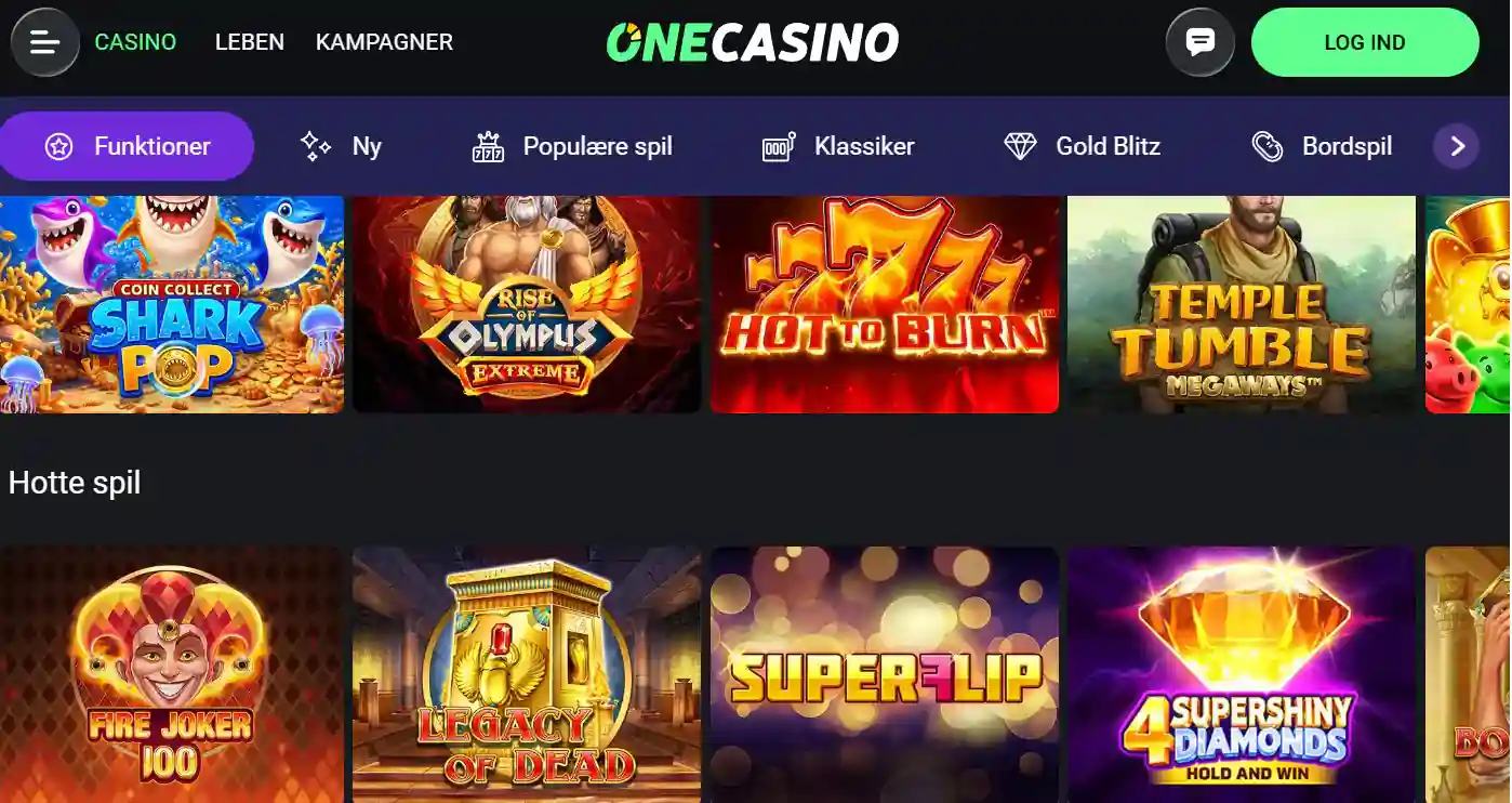 Öffentliche OneCasino-Startseite mit Navigation und sichtbarem Spielebereich