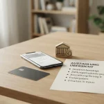 Bankkarte, Smartphone und Bankkonto-Symbol neben einer geordneten Auszahlungsliste