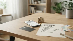 Bankkarte, Smartphone und Bankkonto-Symbol neben einer geordneten Auszahlungsliste