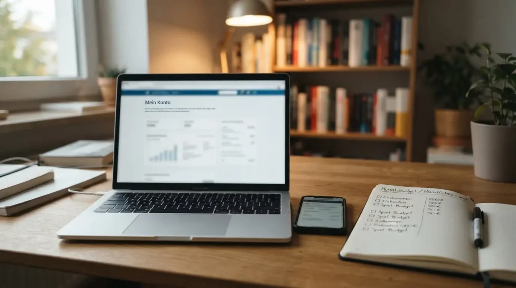 Laptop und Smartphone neben Notizbuch mit Budgetplanung für ein Online-Spielkonto