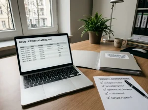 Aktenordner, Prüfliste und Laptop auf einem Schreibtisch als Symbol für Lizenz- und Registerprüfung