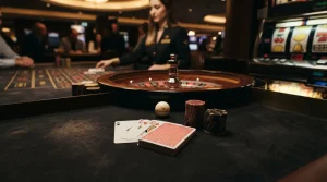 Spielkarten, Roulettekugel und Spielautomaten-Symbole auf einem dunklen Casinotisch