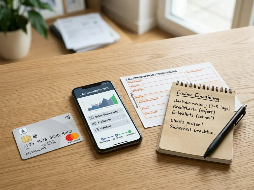 Bankkarte, Smartphone und Überweisungssymbol auf einem neutralen Schreibtisch