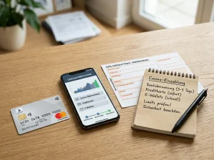 Bankkarte, Smartphone und Überweisungssymbol auf einem neutralen Schreibtisch